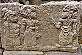 Candi Cetho - bas reliefs panels placed of the ninth terrace. The scene shows the prince with his attendant. The prince opposes a male figure who might represent a king. The king most probably argues with the prince. 